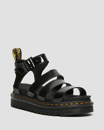 Black Women's Dr Martens Blaire Patent Leather Strap Sandals | CA 326NWY